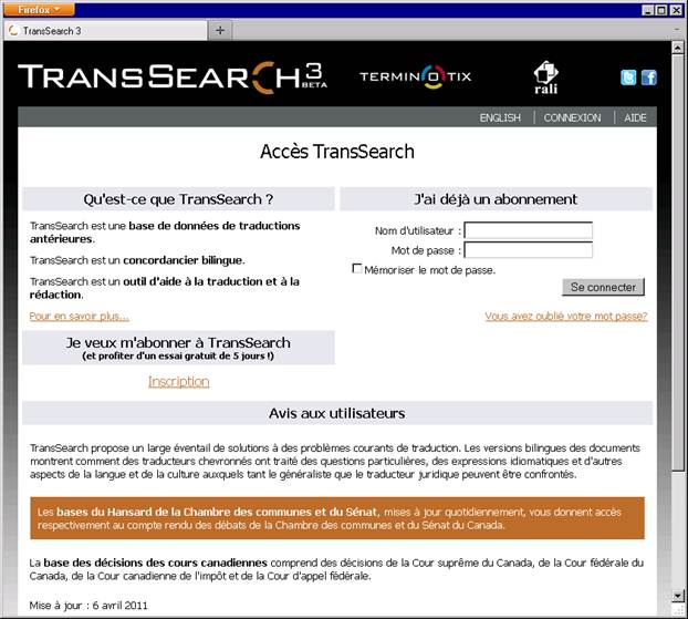 page d'accueil de TransSearch